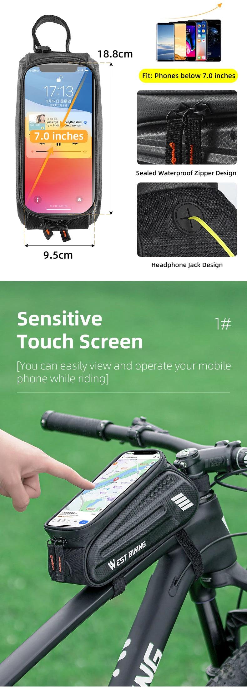 WEST BIKING Bicycle Bag 7.0 Inch Phone Bag Waterproof Front Frame Cycling Bag Sensitive Touch Screen MTB Road Bike Bag - sport flow