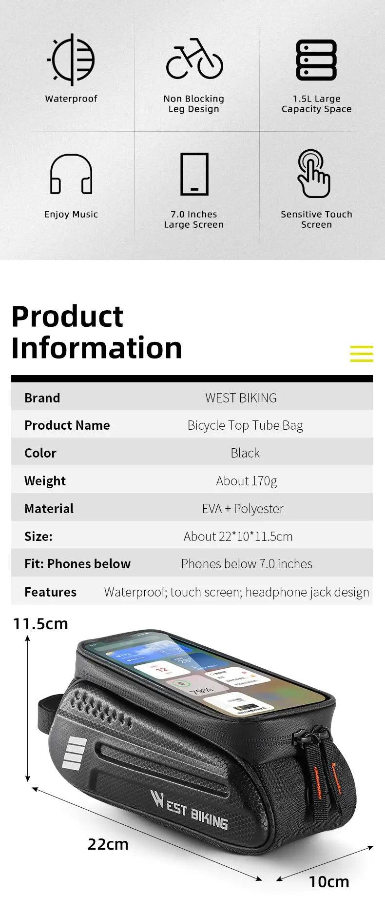WEST BIKING Bicycle Bag 7.0 Inch Phone Bag Waterproof Front Frame Cycling Bag Sensitive Touch Screen MTB Road Bike Bag - sport flow