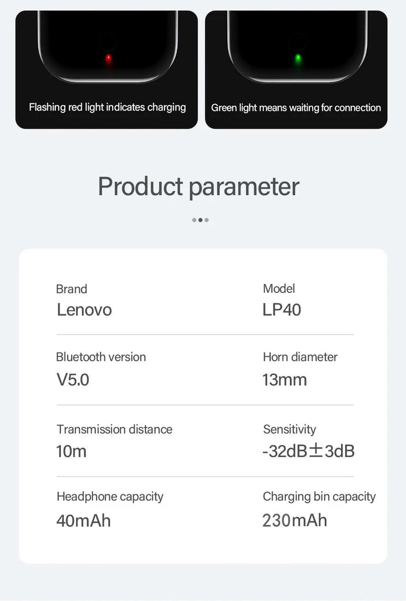 Original Lenovo lp40 Bluetooth Earphone 5.0 Immersive Sound HIFI TWS With Microphone Touch Control For Long Standby Time Motion - sport flow